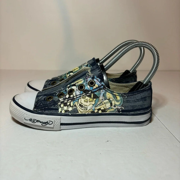 Ed Hardy By Christian Audigier Kids Slip Ons Sz 3 Piston Racing Skulls Laceless - Picture 2 of 10